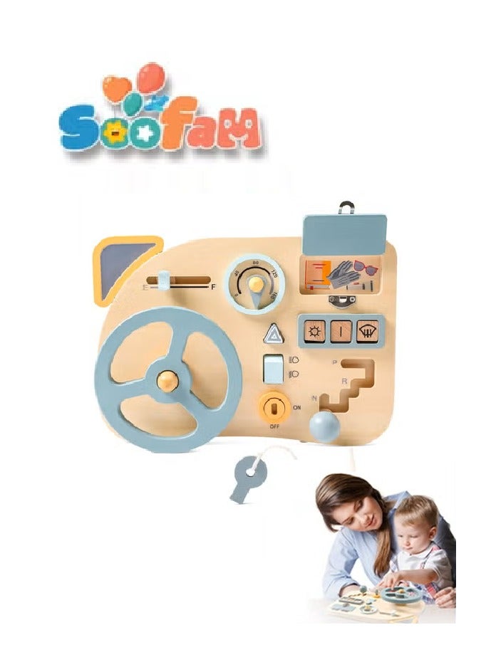 Soofam Wooden Busy Board for Toddlers, Montessori Steering Wheel Driving Toy, Preschool Learning Activities for Fine Motor Basic Skills, Sensory Toy for Kids 3-6 Years Old (Steering Wheel) - Image 1